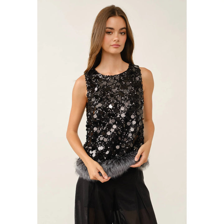 Fur the Drama black sequin top with faux fur trim shown from the front
