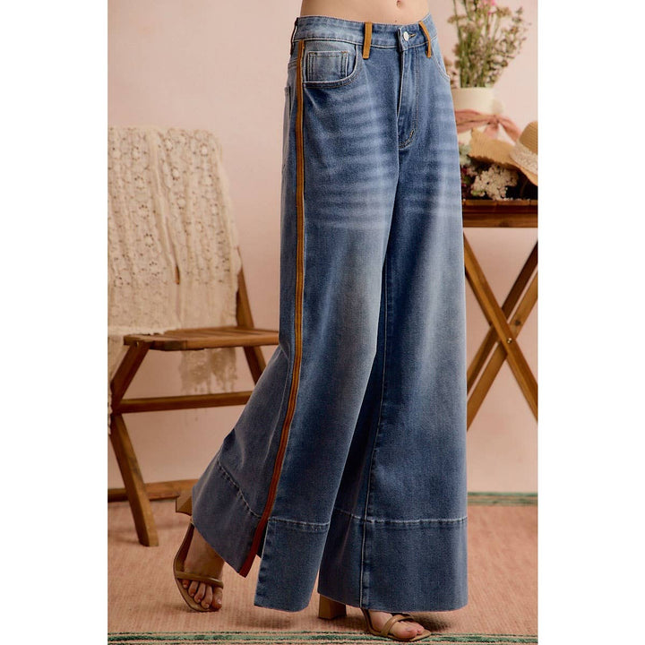 Side view of Sidekick Wide Leg Jeans with cognac contrast stripe and wide hem