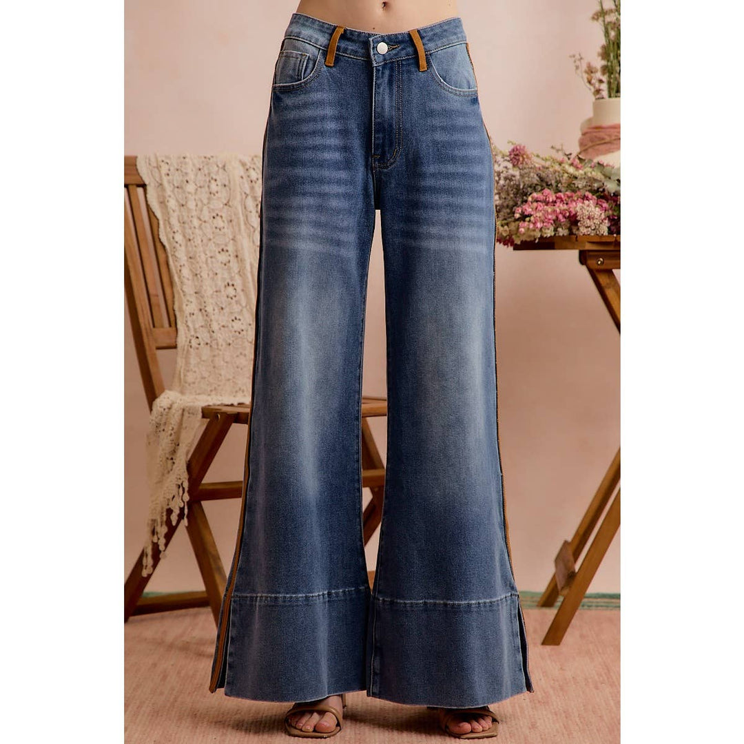 Front view of medium wash high-rise wide leg jeans with cognac contrast details