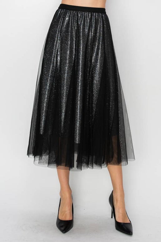 Grace Shimmer Black Tulle Midi Skirt