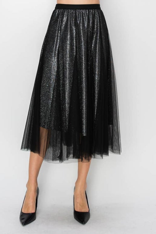 Grace Shimmer Black Tulle Midi Skirt