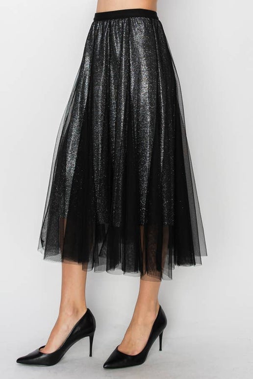 Grace Shimmer Black Tulle Midi Skirt