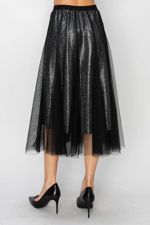 Grace Shimmer Black Tulle Midi Skirt