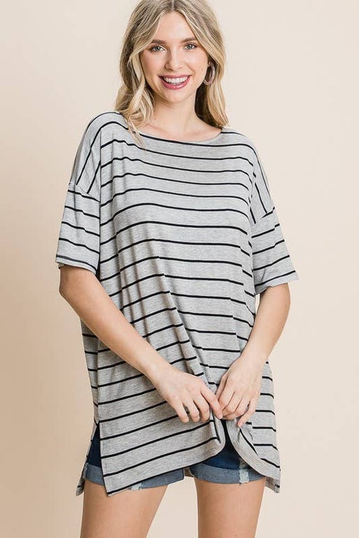 Striped Jersey Side Slit Boxy Top