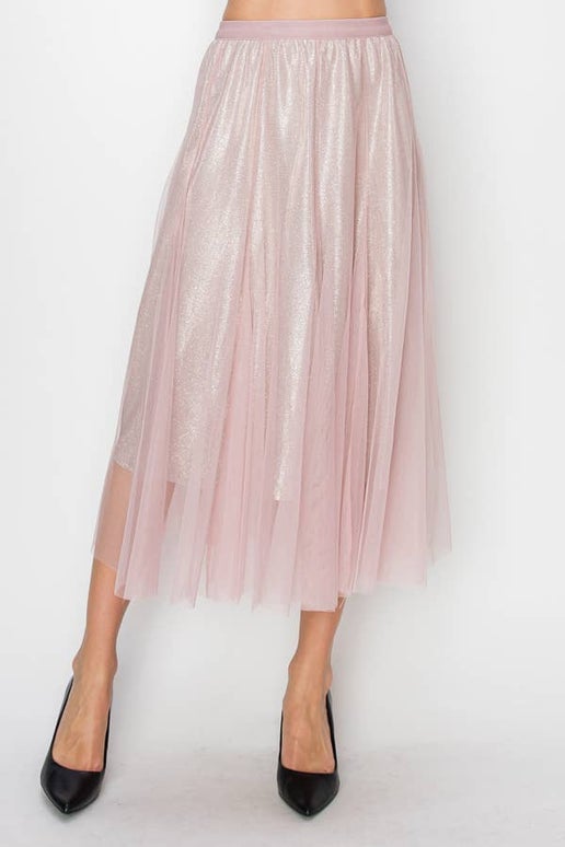 Grace Shimmer Tulle Midi Skirt in Mauve