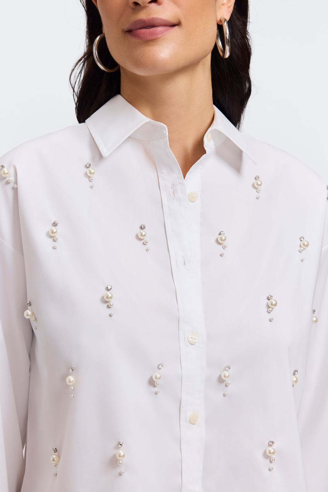 Marina Pearl & Rhinestone Appliqué Long Sleeve Short Shirt