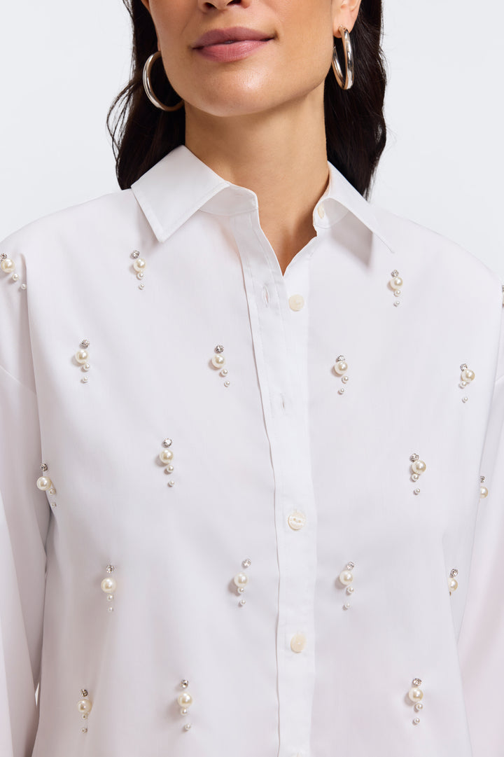 Marina Pearl & Rhinestone Appliqué Long Sleeve Short Shirt