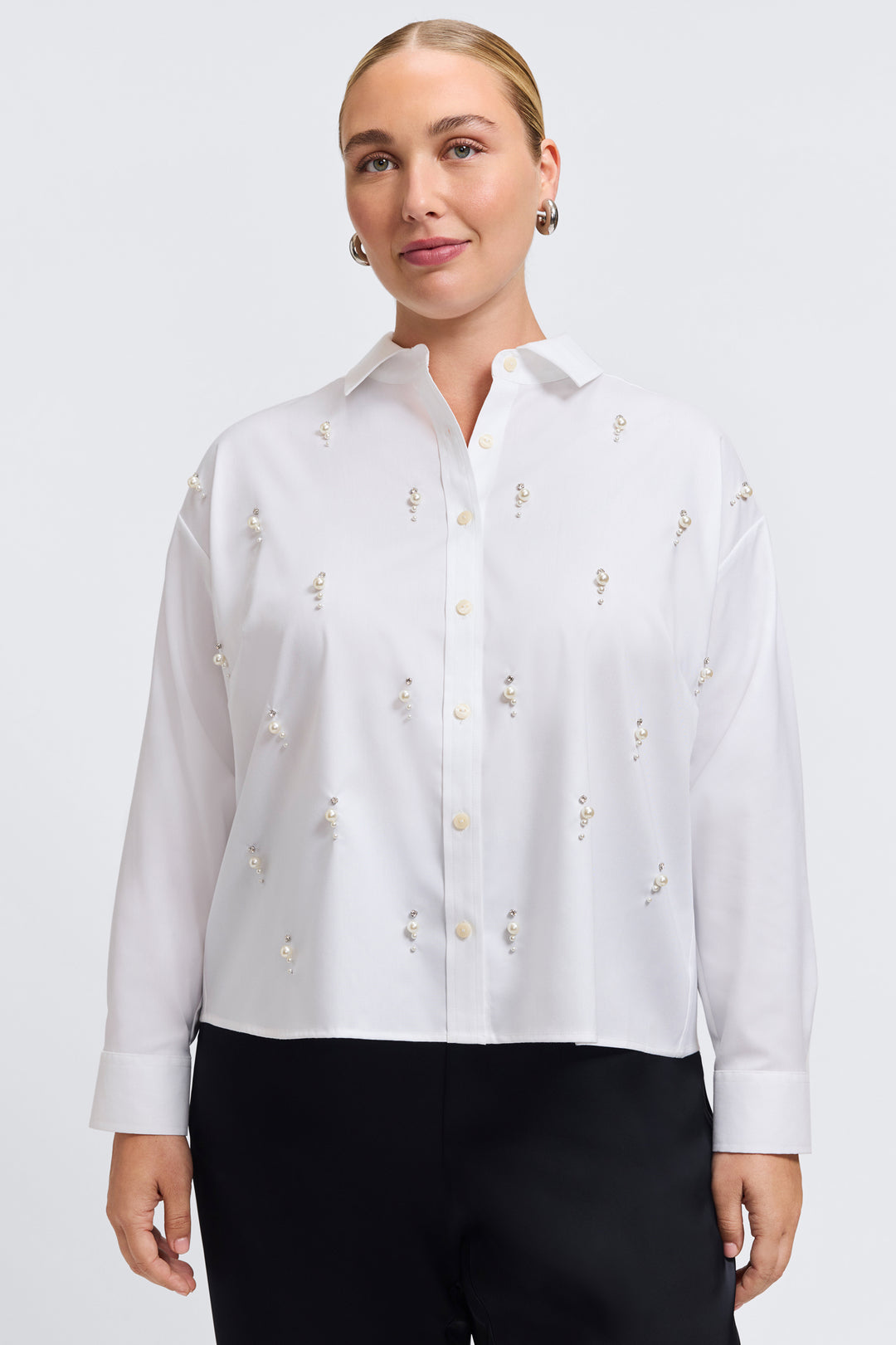 Marina Pearl & Rhinestone Appliqué Long Sleeve Short Shirt