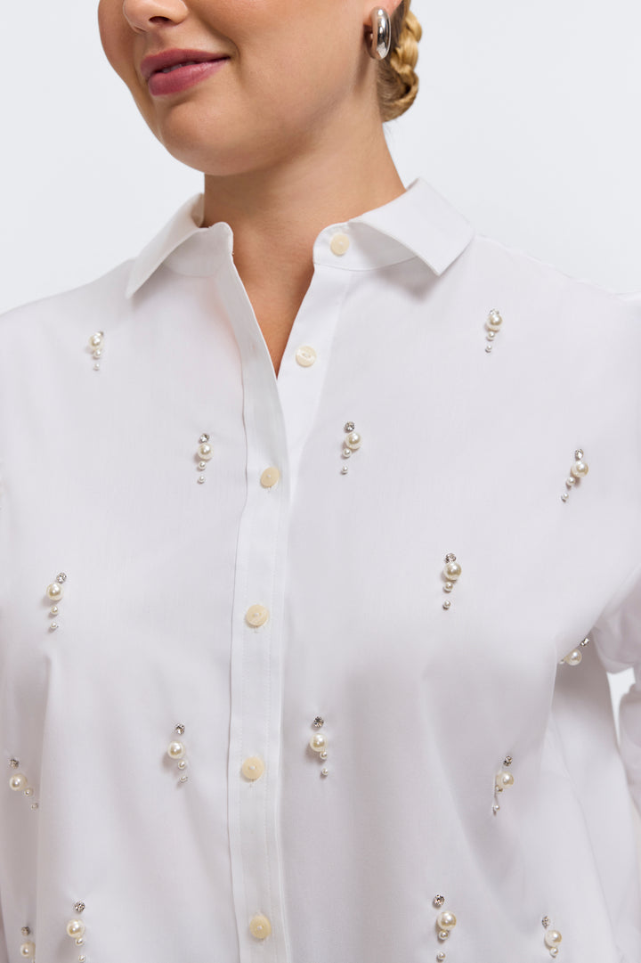 Marina Pearl & Rhinestone Appliqué Long Sleeve Short Shirt
