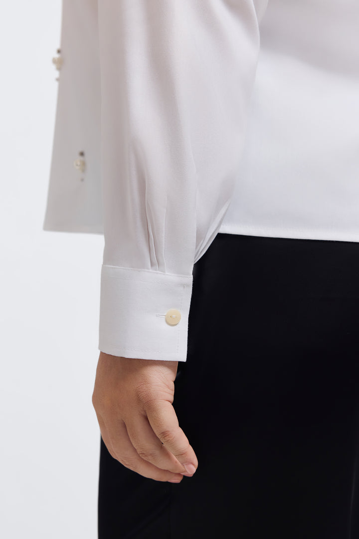 Marina Pearl & Rhinestone Appliqué Long Sleeve Short Shirt