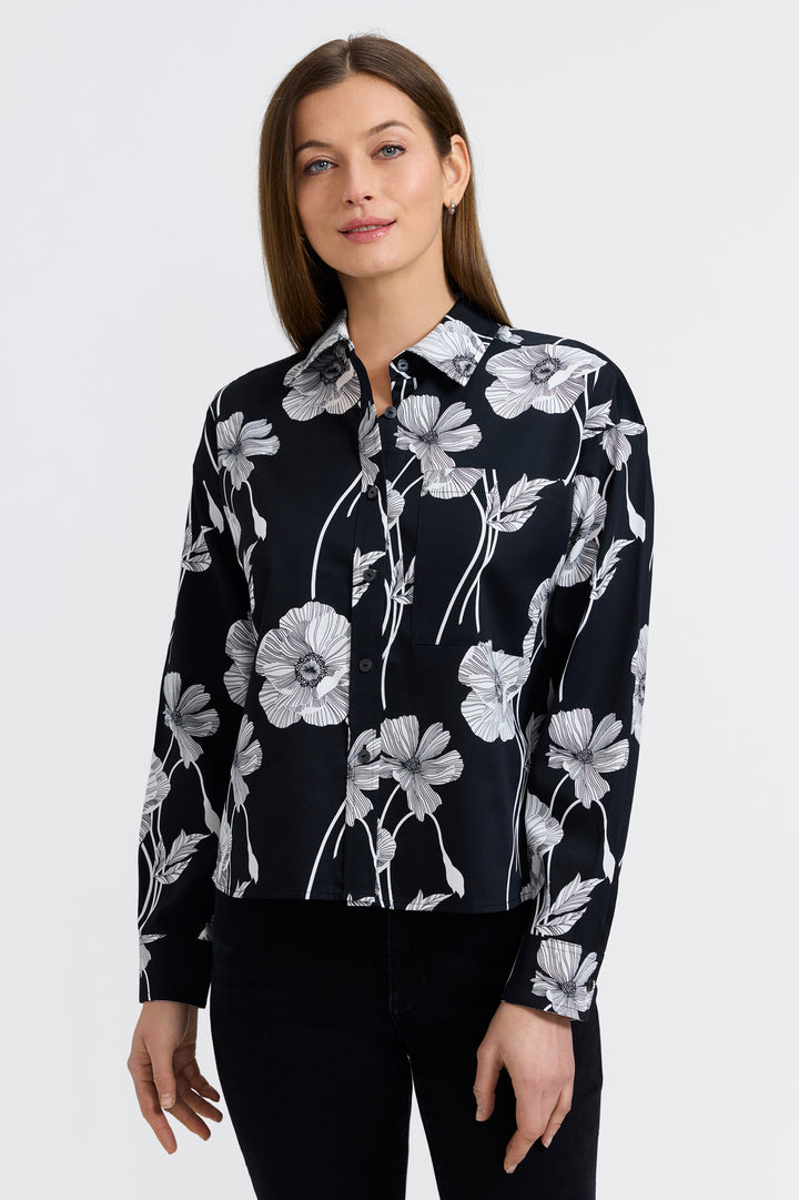 Marina Poppy Long Sleeve Short Shirt Black w/White Poppies - Foxcroft