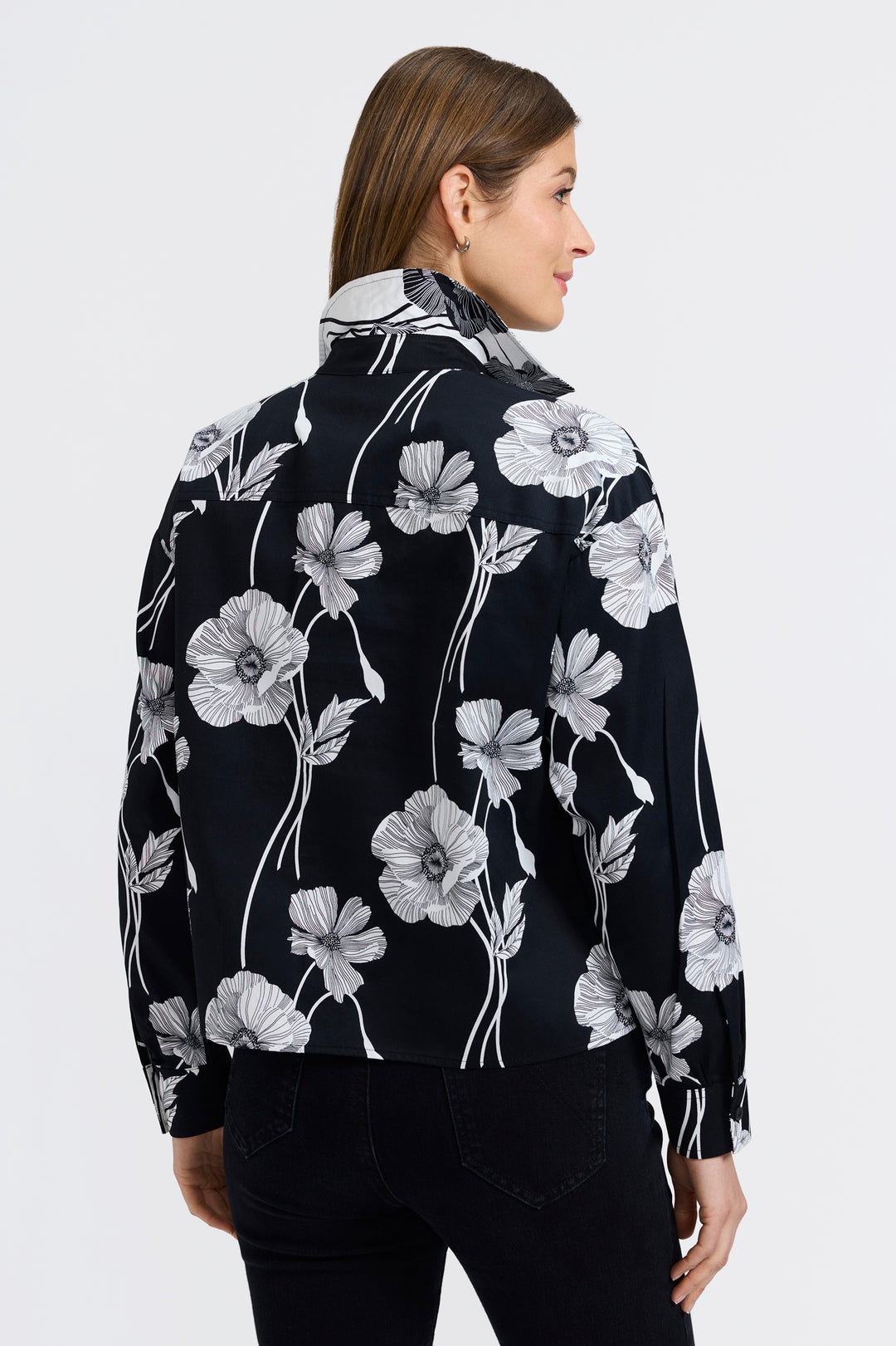 Marina Poppy Long Sleeve Short Shirt Black w/White Poppies - Foxcroft