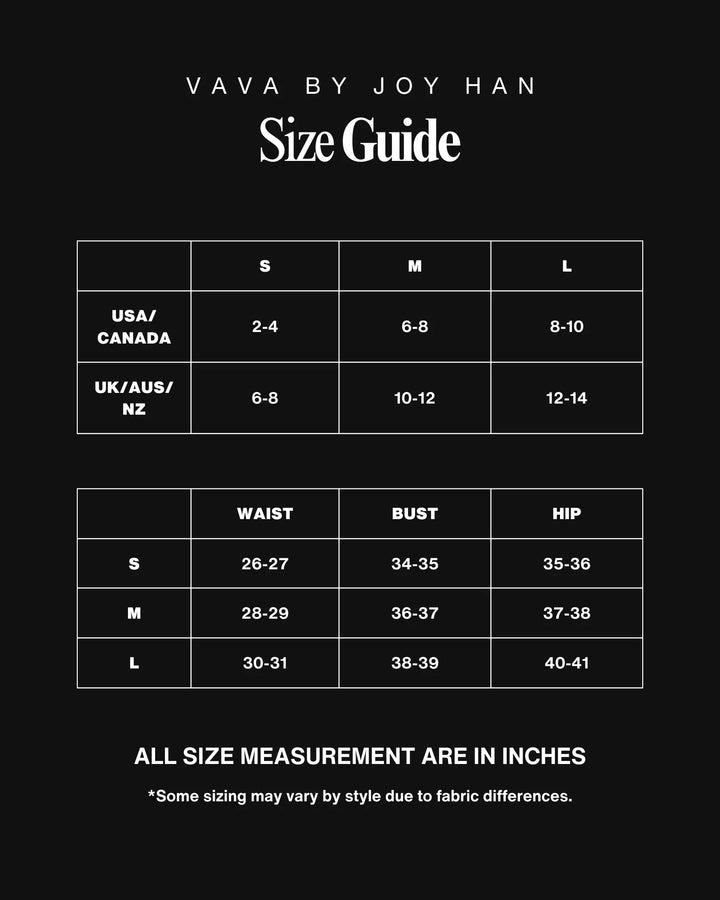 VAVA by Joy Han women's clothing size guide with US sizes and bust waist and hip measurements