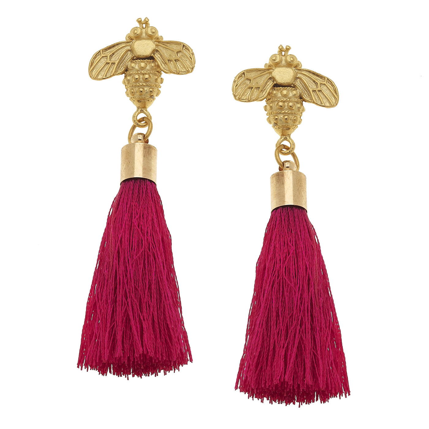 Gold Bee and Pink Silk Tassel Earrings