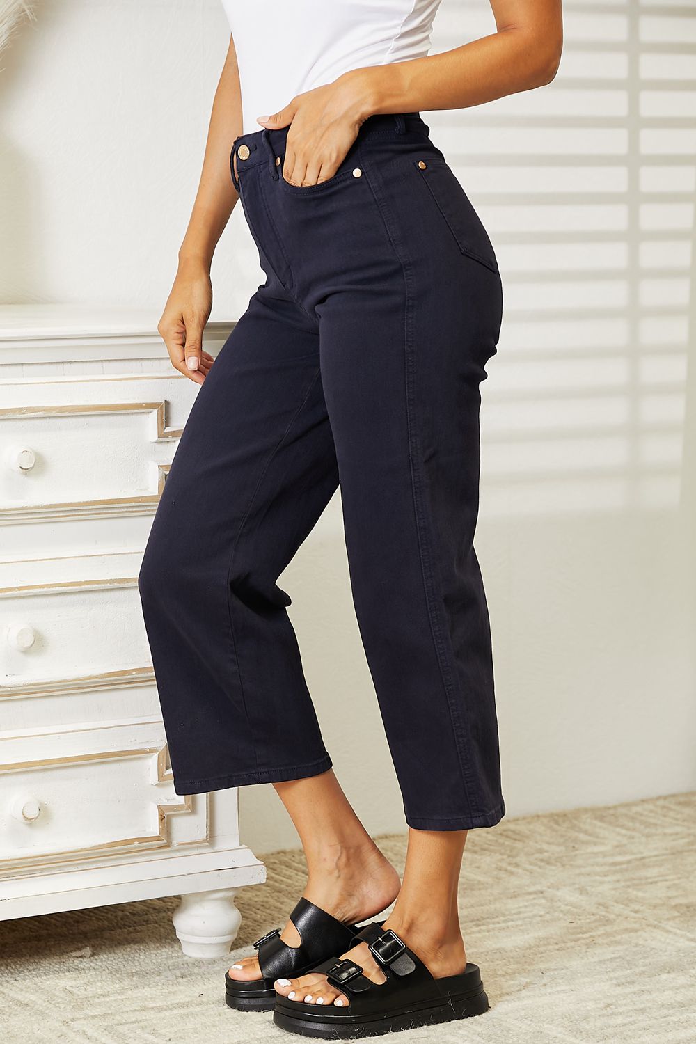 High Waist Tummy Control Garment Dyed Wide Cropped Jeans - Judy Blue