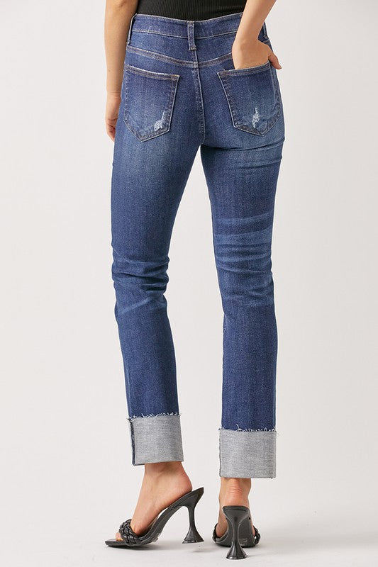 Risen Mid Rise Boyfriend Dark Wash Cuffed Jeans