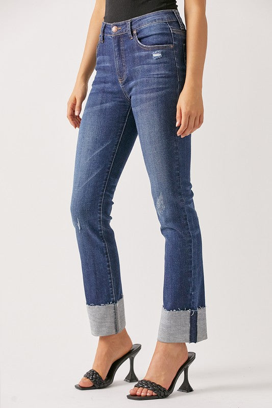 Risen Mid Rise Boyfriend Dark Wash Cuffed Jeans