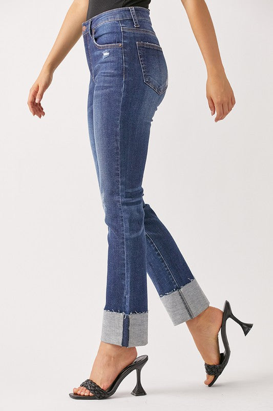 Risen Mid Rise Boyfriend Dark Wash Cuffed Jeans