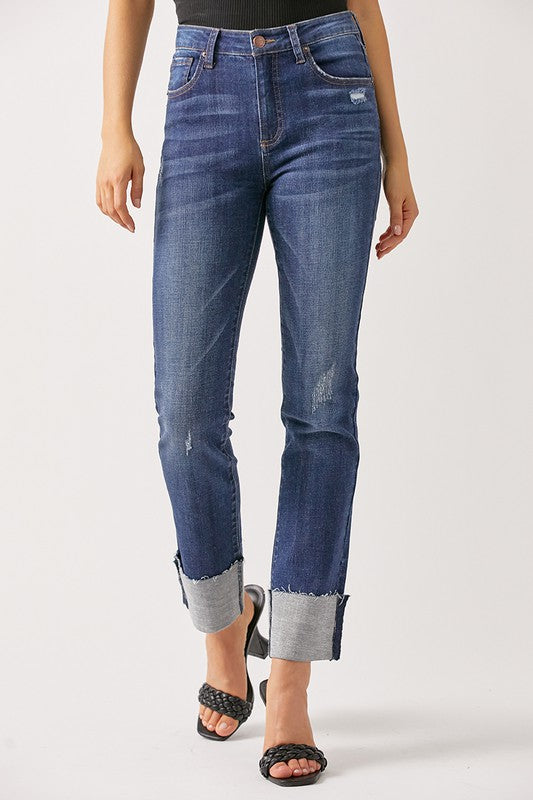 Risen Mid Rise Boyfriend Dark Wash Cuffed Jeans