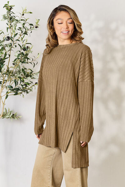 Basic Bae Ribbed Round Neck Long Sleeve Slit Top