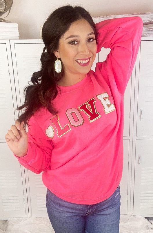 LOVE Chenille Sweatshirt in Bright Pink