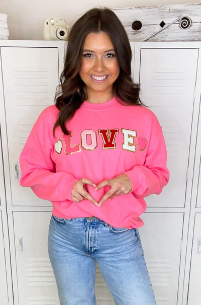 LOVE Chenille Sweatshirt in Bright Pink