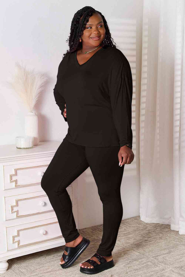 Basic Bae V-Neck Soft Rayon Long Sleeve Top and Pants Lounge Set