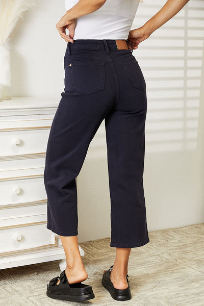 High Waist Tummy Control Garment Dyed Wide Cropped Jeans - Judy Blue