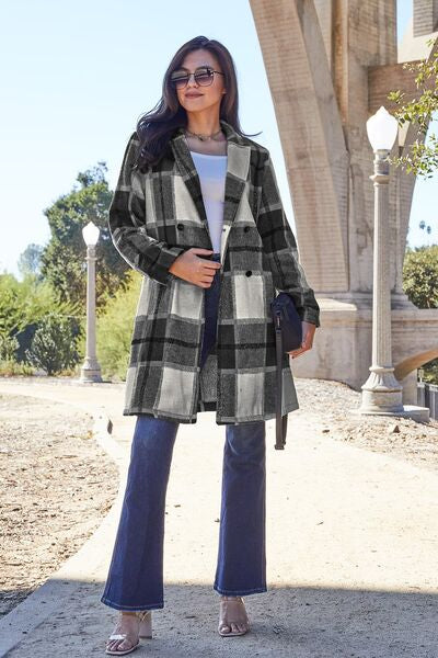 Double Take Plaid Button Up Lapel Collar Coat