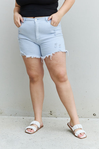 Katie High Waisted Distressed Shorts in Ice Blue - RISEN