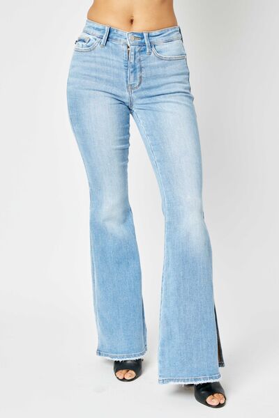 Julianne Mid Rise Raw Hem Slit Flare Jeans - Judy Blue