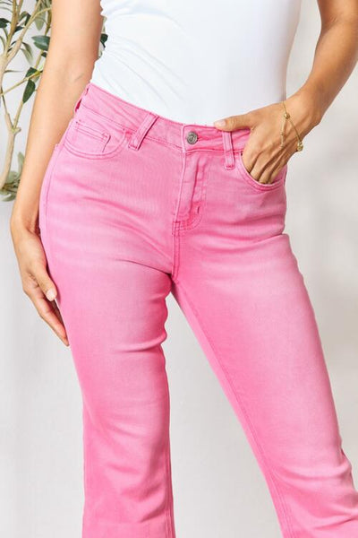 Pink Frayed Hem Bootcut Jeans - BAYEAS