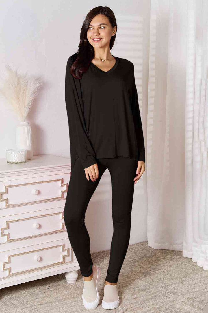 Basic Bae V-Neck Soft Rayon Long Sleeve Top and Pants Lounge Set