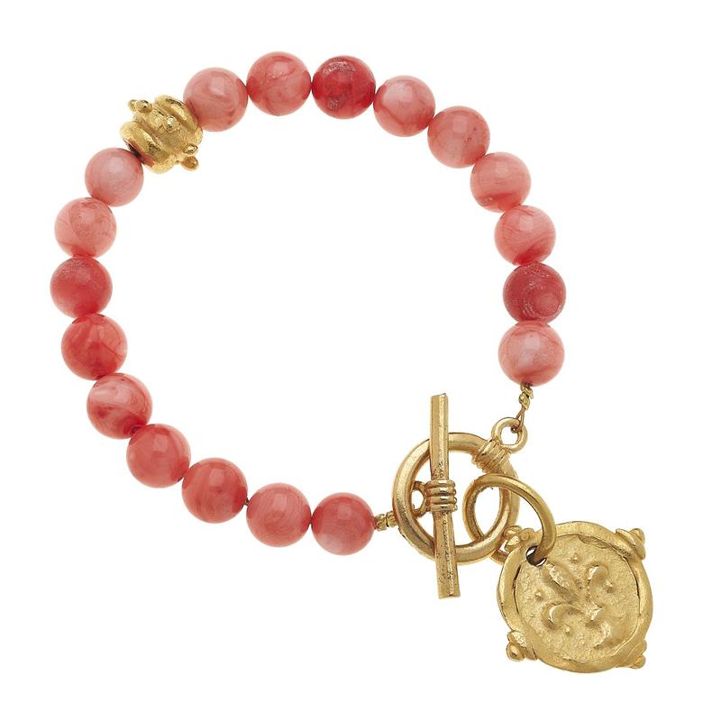Gold Fleur de Lis Intaglio on Pink Coral Bracelet