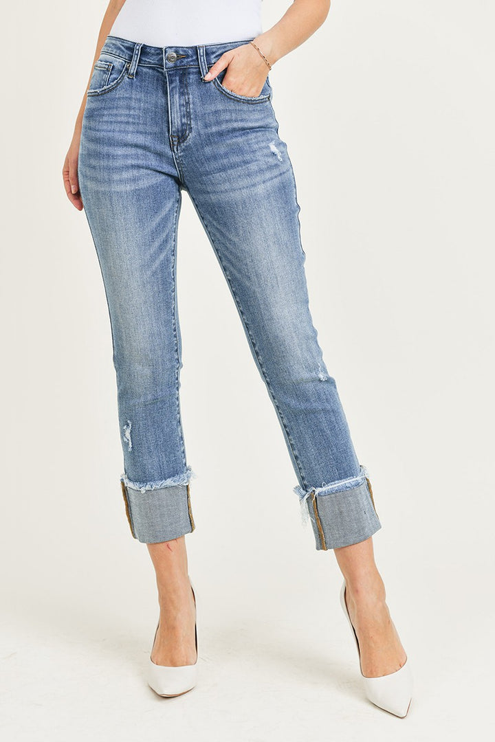 Risen Raw Hem Cuffed Slim Straight Leg Jeans