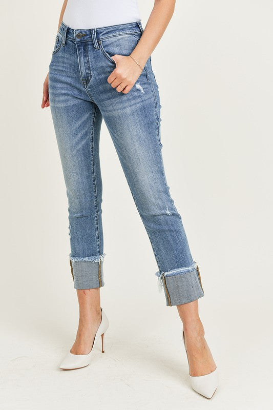 Risen Raw Hem Cuffed Slim Straight Leg Jeans