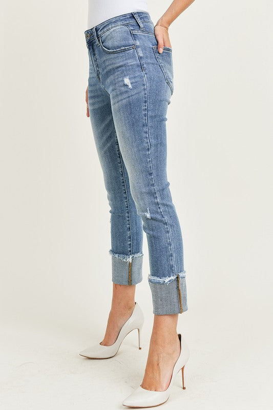 Risen Raw Hem Cuffed Slim Straight Leg Jeans