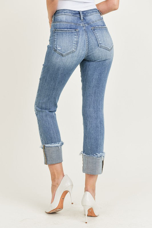 Risen Raw Hem Cuffed Slim Straight Leg Jeans