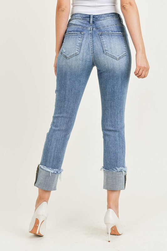 Risen Raw Hem Cuffed Slim Straight Leg Jeans