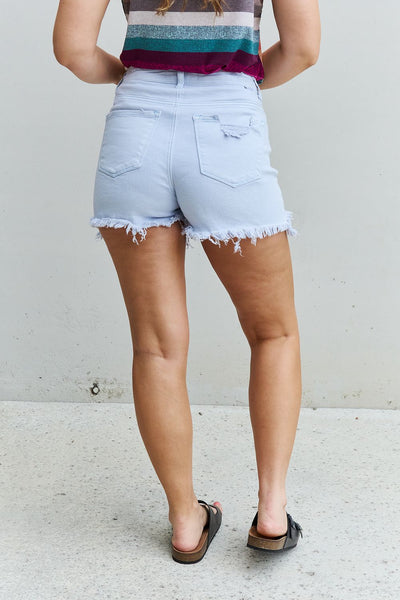 Katie High Waisted Distressed Shorts in Ice Blue - RISEN