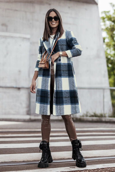 Double Take Plaid Button Up Lapel Collar Coat