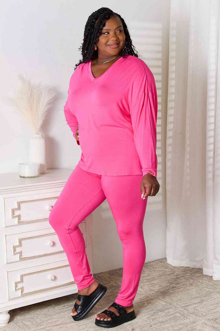 Basic Bae V-Neck Soft Rayon Long Sleeve Top and Pants Lounge Set