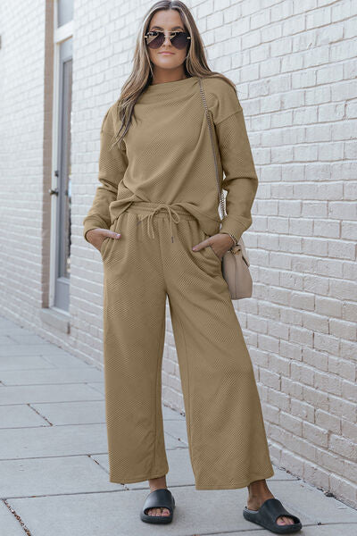 Double Take Textured Long Sleeve Top and Drawstring Pants Set