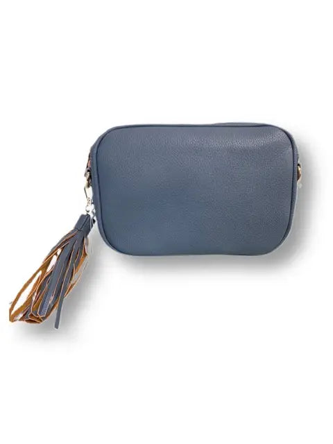 Ahdorned Pebbled Zip Top Tassel Bag in Denim Blue